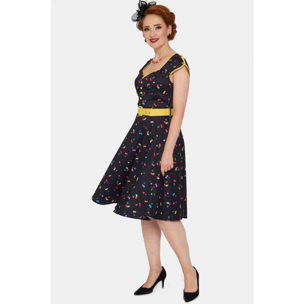 Voodoo Vixen - Rainbow Cherry Print Flare Kleid - Schwarz/Regenbogen